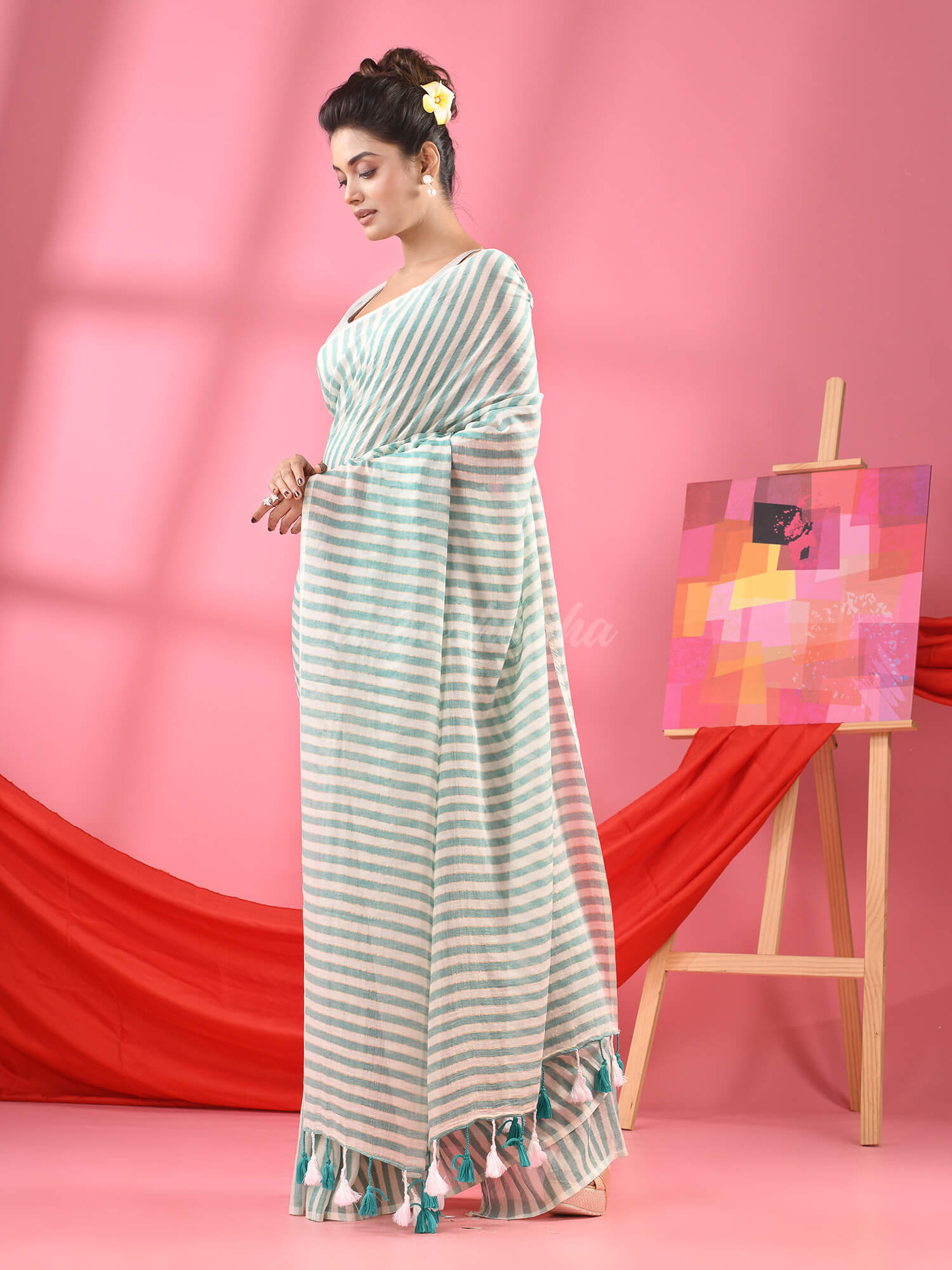 Turquoise & White Stripe Cotton Handloom Saree