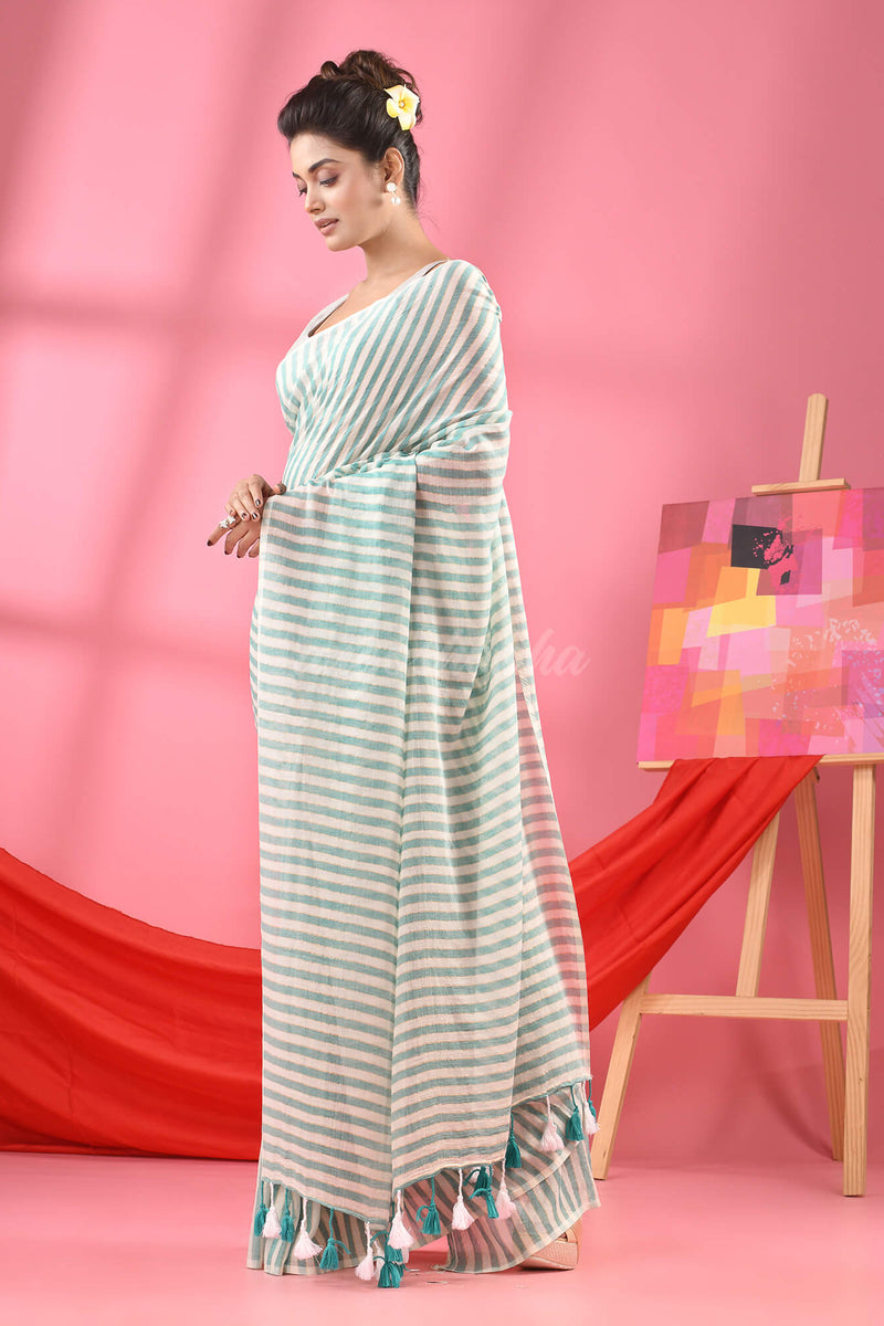 Turquoise & White Stripe Cotton Handloom Saree