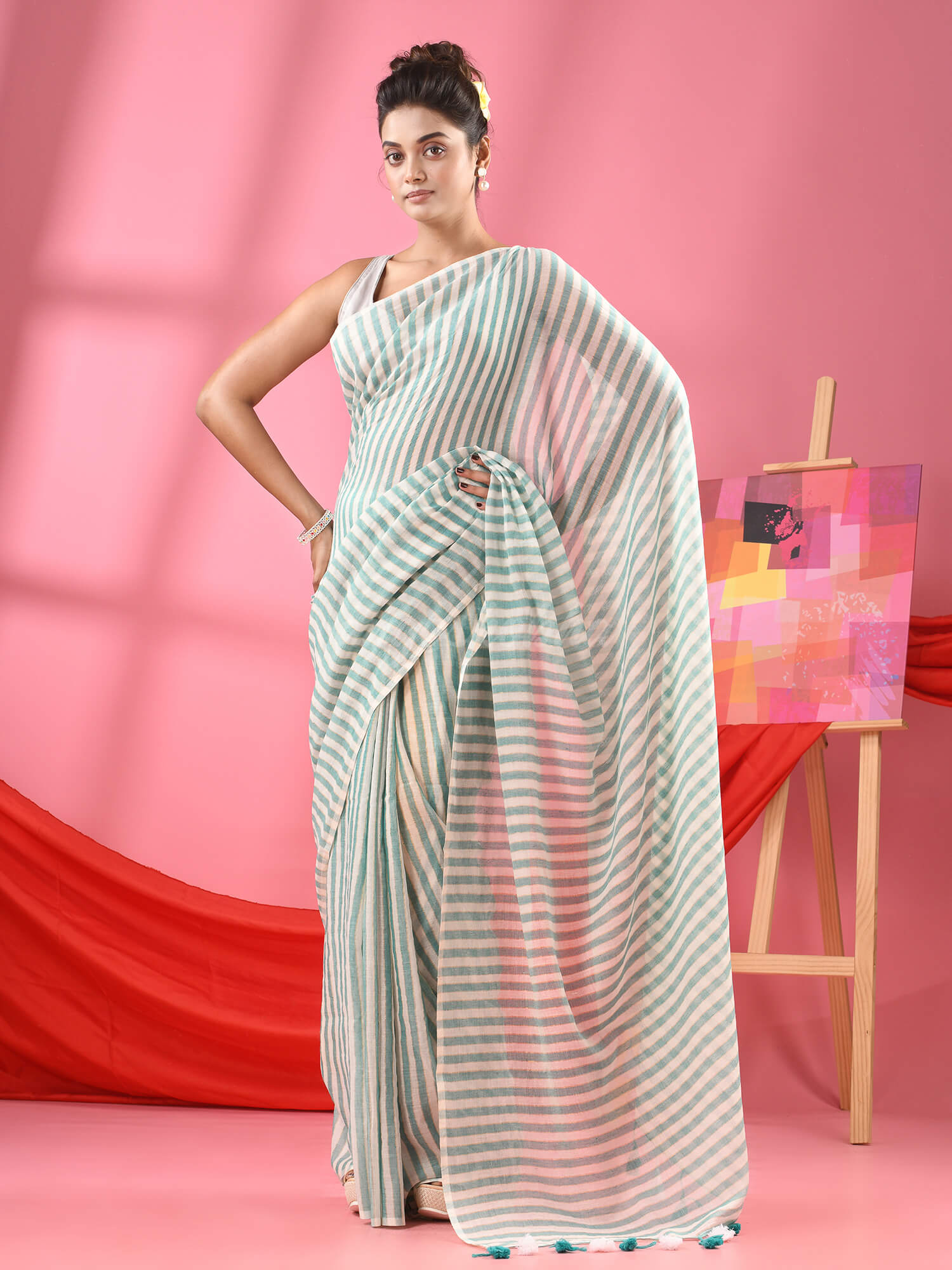 Turquoise & White Stripe Cotton Handloom Saree