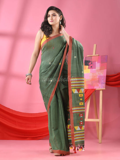 Forest Green Cotton All Body Kantha Buti Handloom Saree