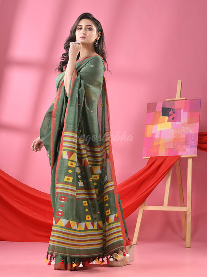 Forest Green Cotton All Body Kantha Buti Handloom Saree