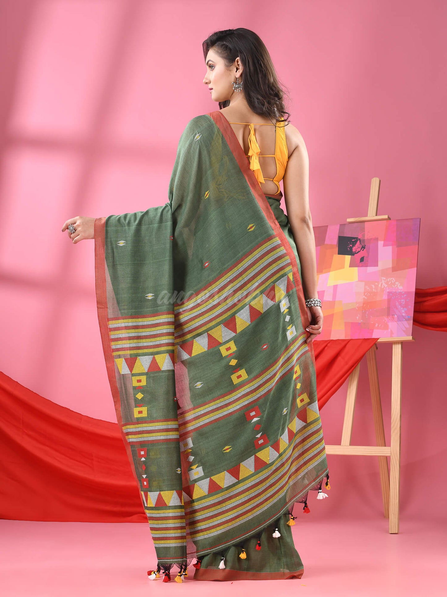 Forest Green Cotton All Body Kantha Buti Handloom Saree