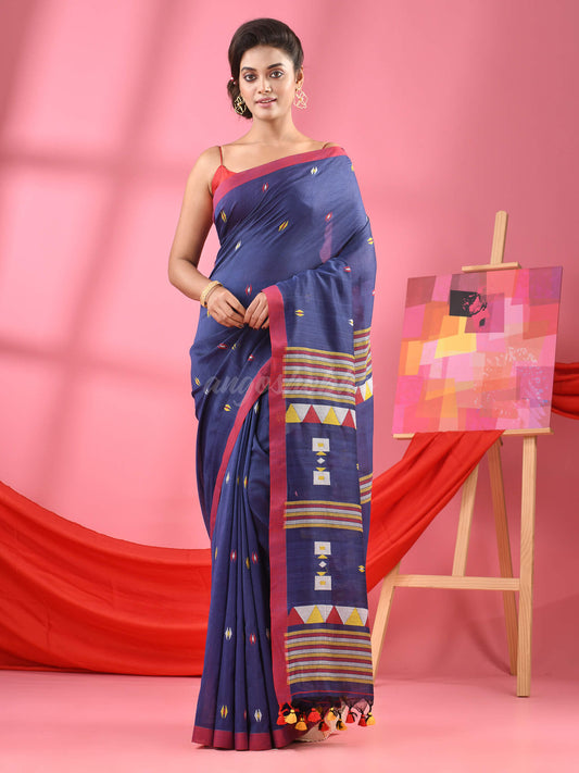 Navy Blue Cotton All Body Kantha Buti Handloom Saree