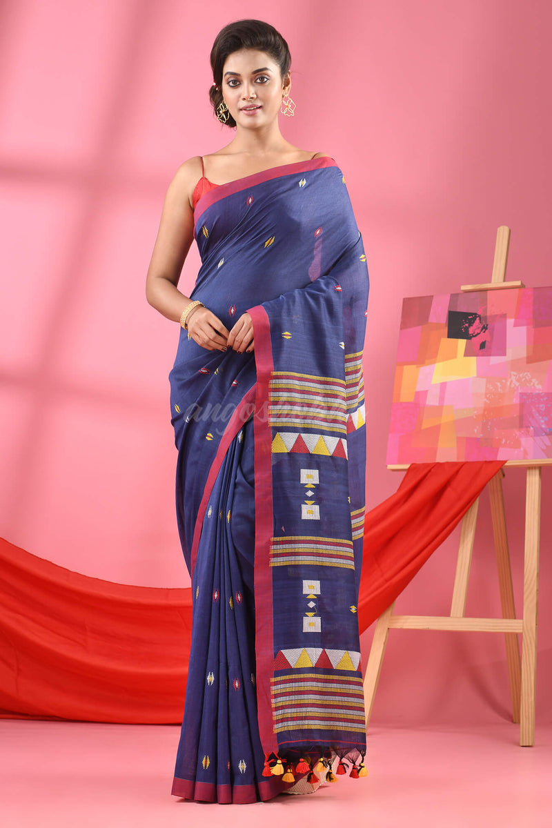 Navy Blue Cotton All Body Kantha Buti Handloom Saree