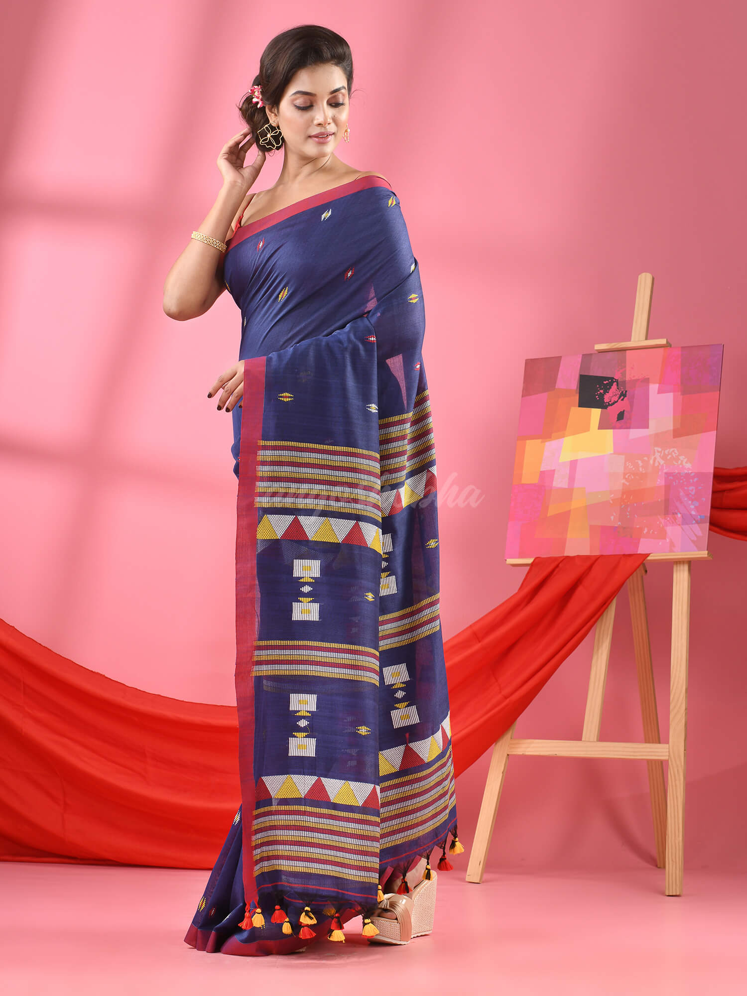 Navy Blue Cotton All Body Kantha Buti Handloom Saree
