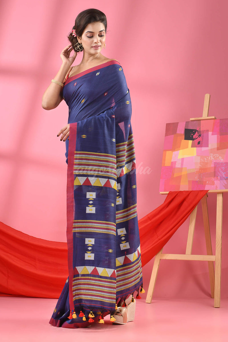 Navy Blue Cotton All Body Kantha Buti Handloom Saree