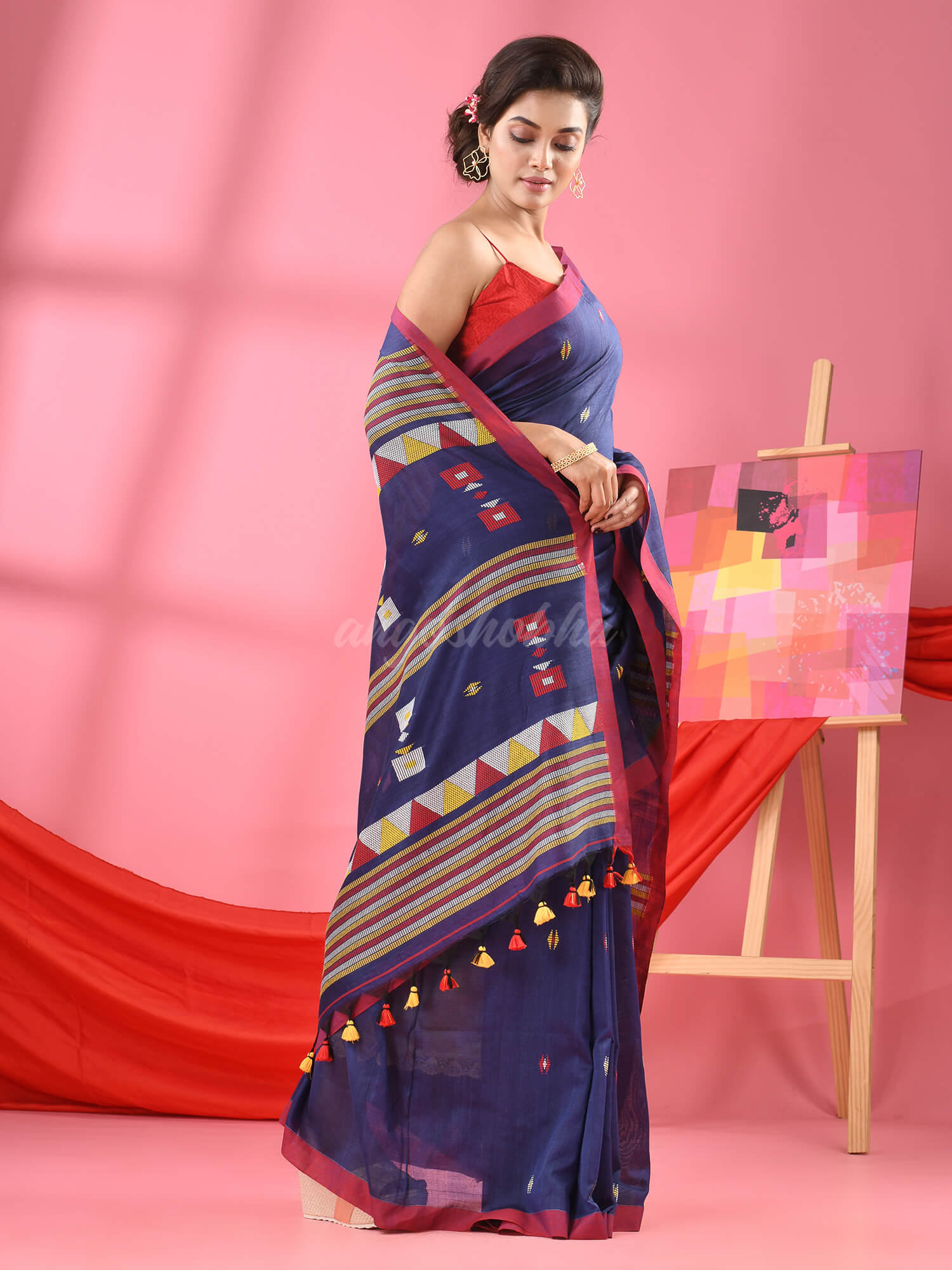 Navy Blue Cotton All Body Kantha Buti Handloom Saree