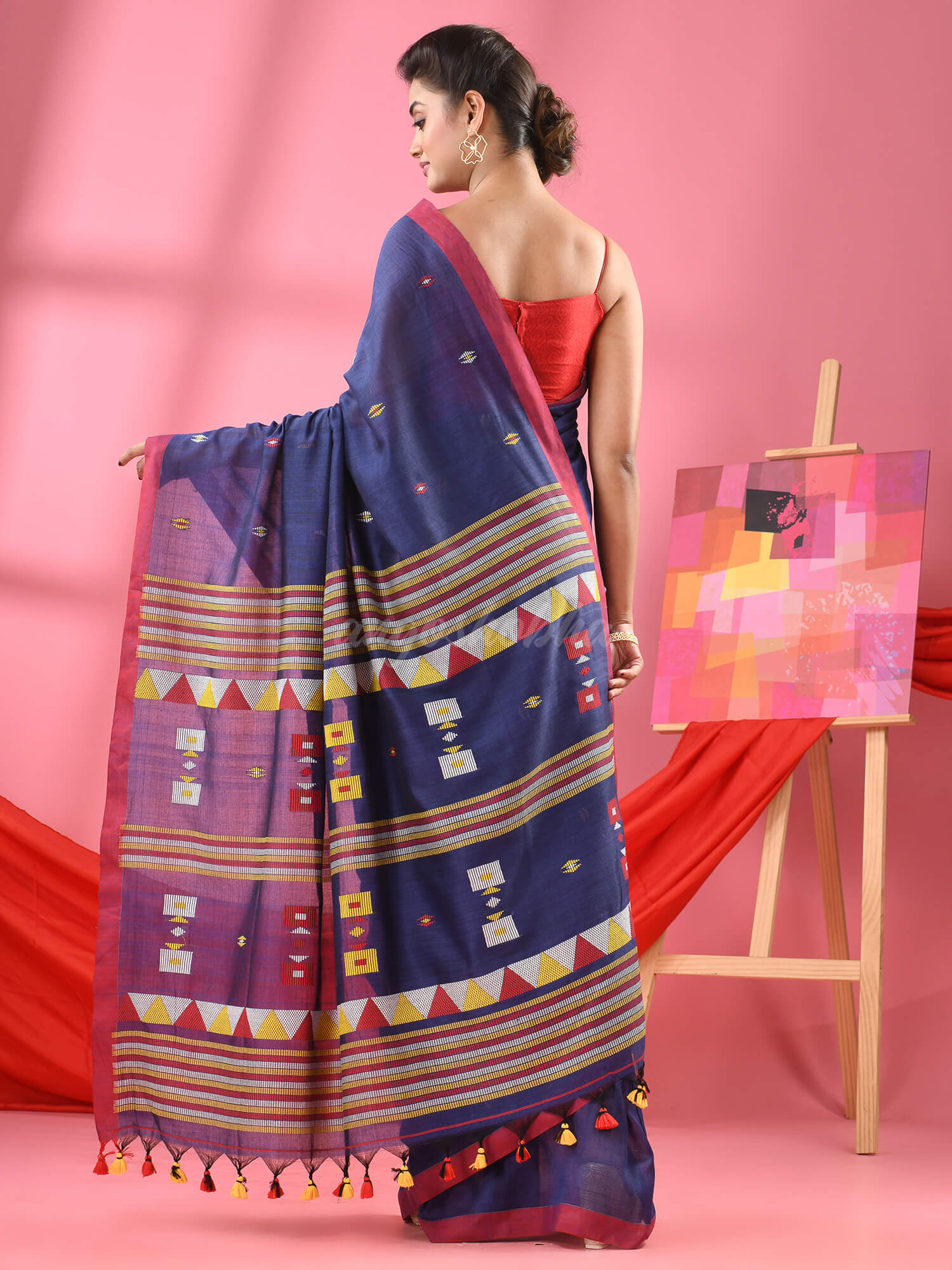 Navy Blue Cotton All Body Kantha Buti Handloom Saree