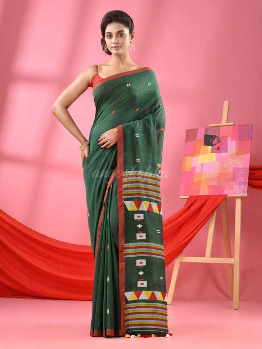 Bottle Green Cotton All Body Kantha Buti Handloom Saree