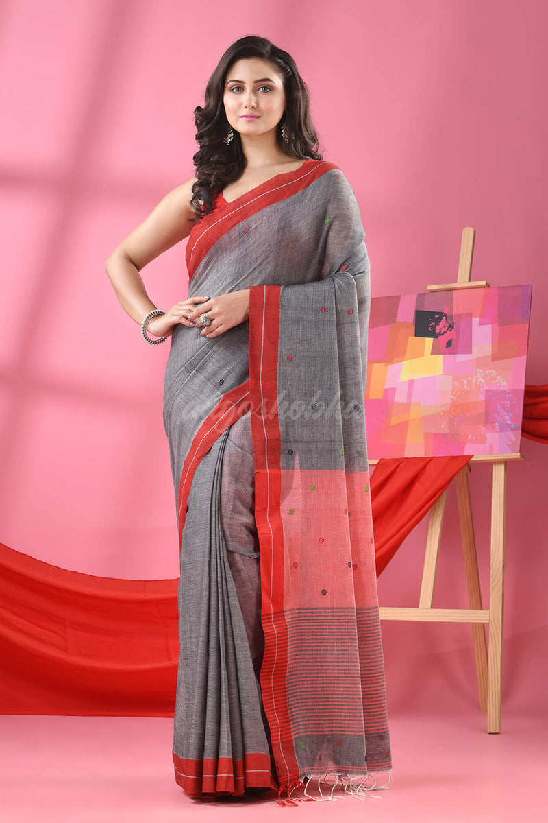 Grey Cotton All Body Ball Buti Handloom Saree