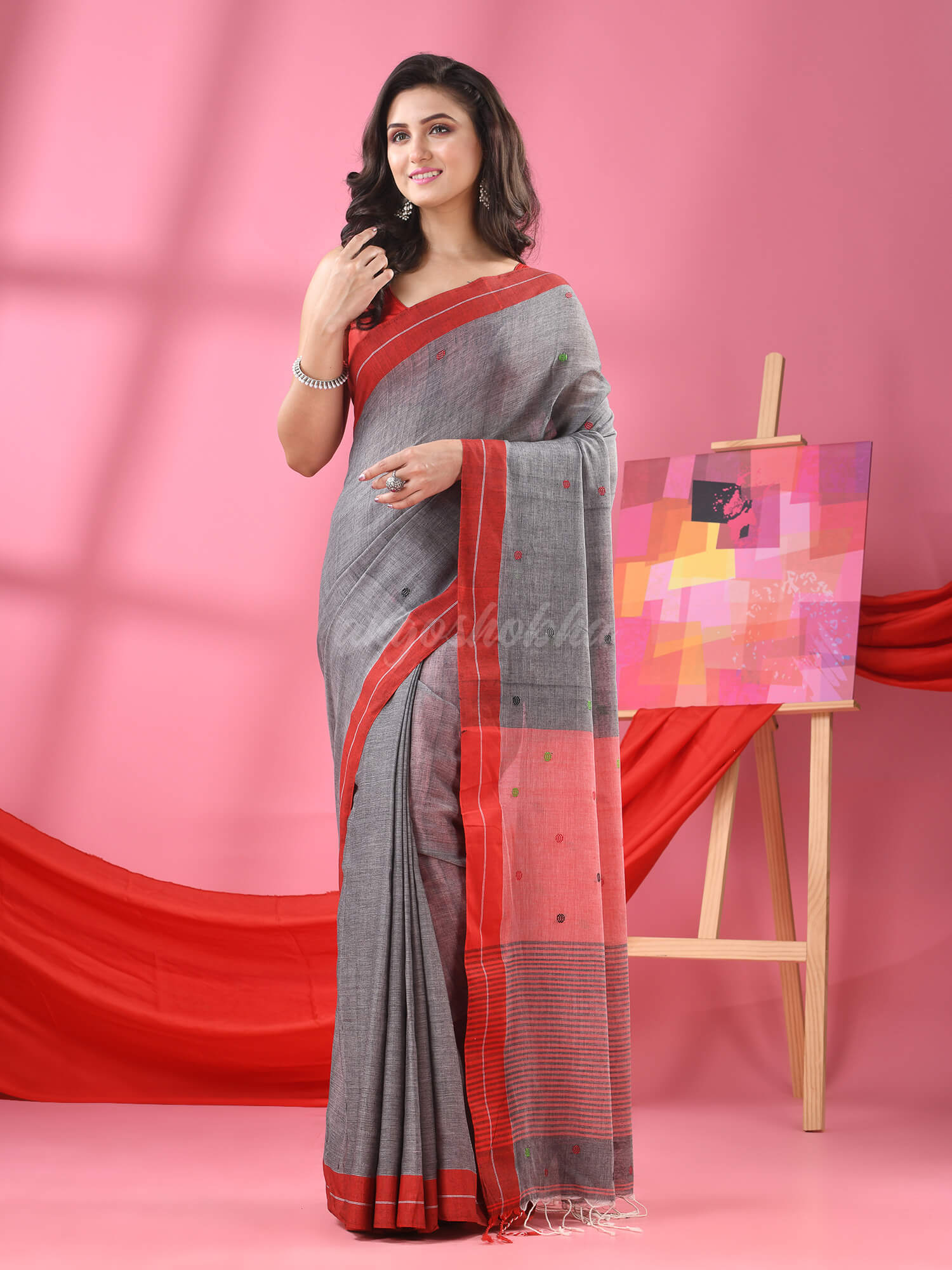 Grey Cotton All Body Ball Buti Handloom Saree