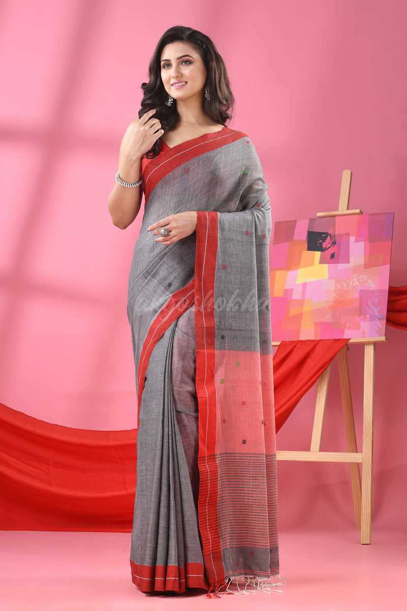 Grey Cotton All Body Ball Buti Handloom Saree