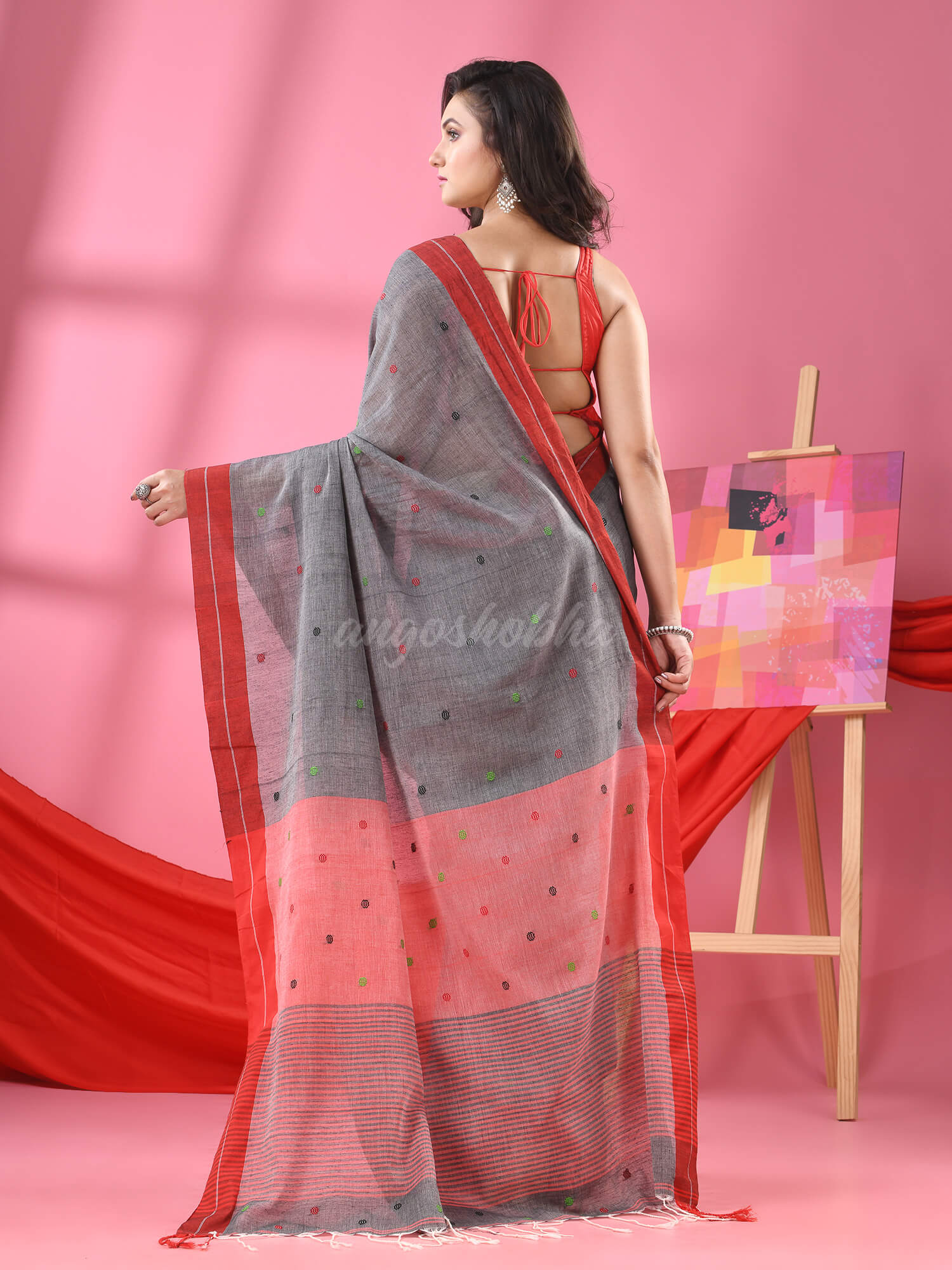 Grey Cotton All Body Ball Buti Handloom Saree