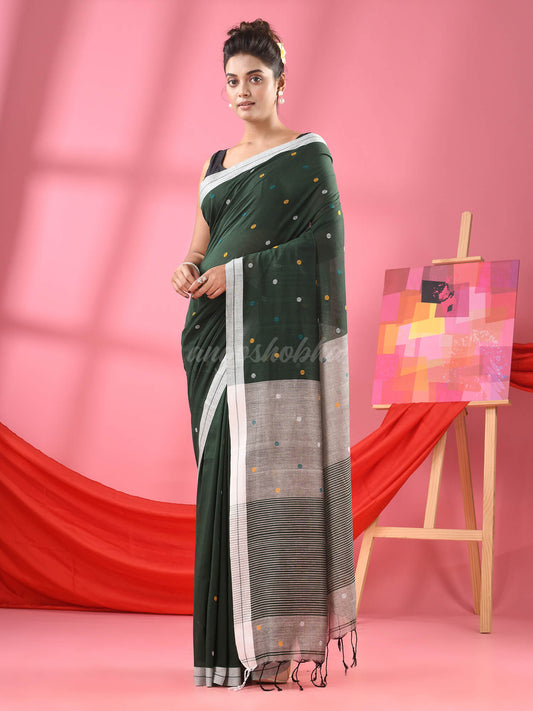 Bottle Green Cotton All Body Ball Buti Handloom Saree