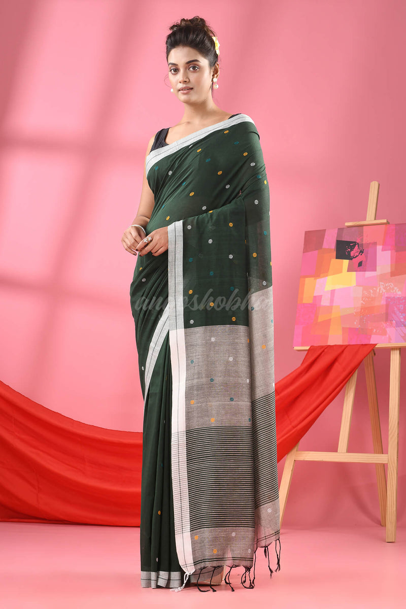 Bottle Green Cotton All Body Ball Buti Handloom Saree