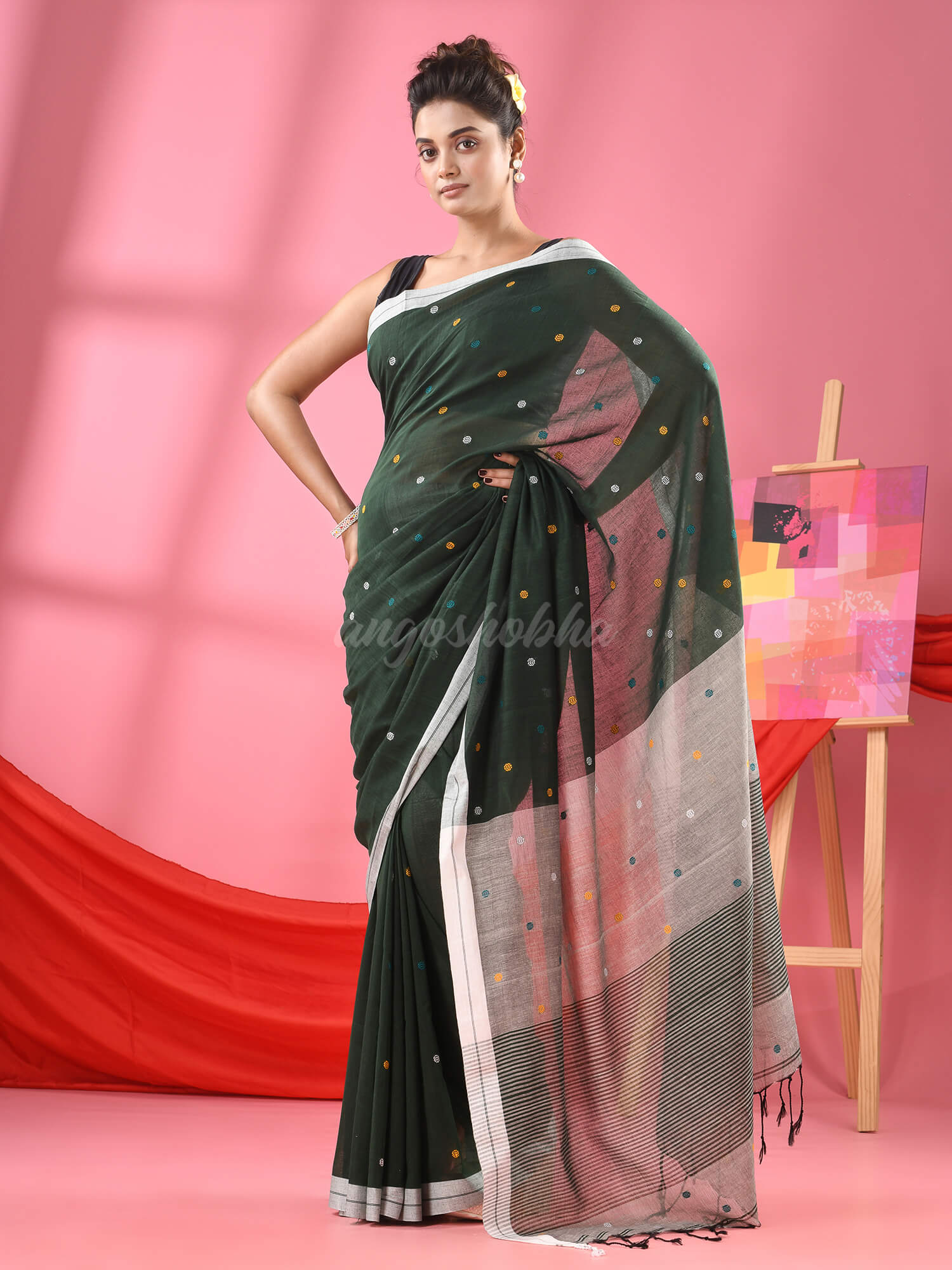 Bottle Green Cotton All Body Ball Buti Handloom Saree