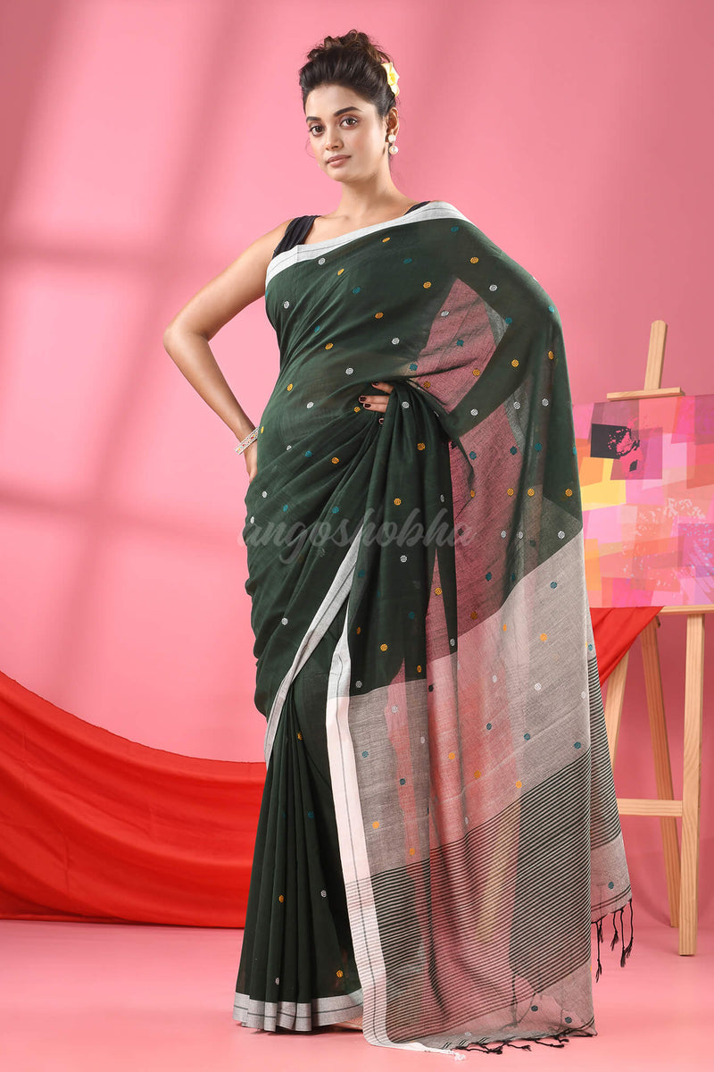 Bottle Green Cotton All Body Ball Buti Handloom Saree