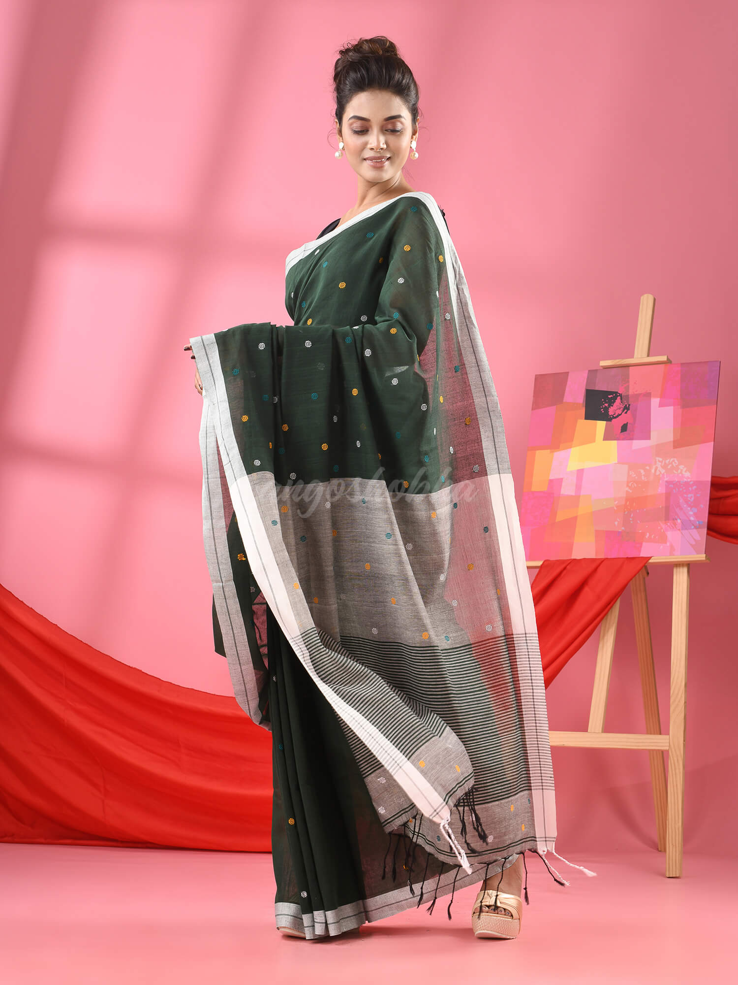 Bottle Green Cotton All Body Ball Buti Handloom Saree