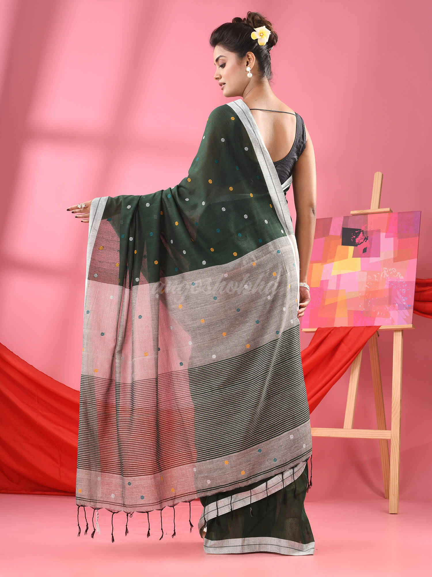 Bottle Green Cotton All Body Ball Buti Handloom Saree