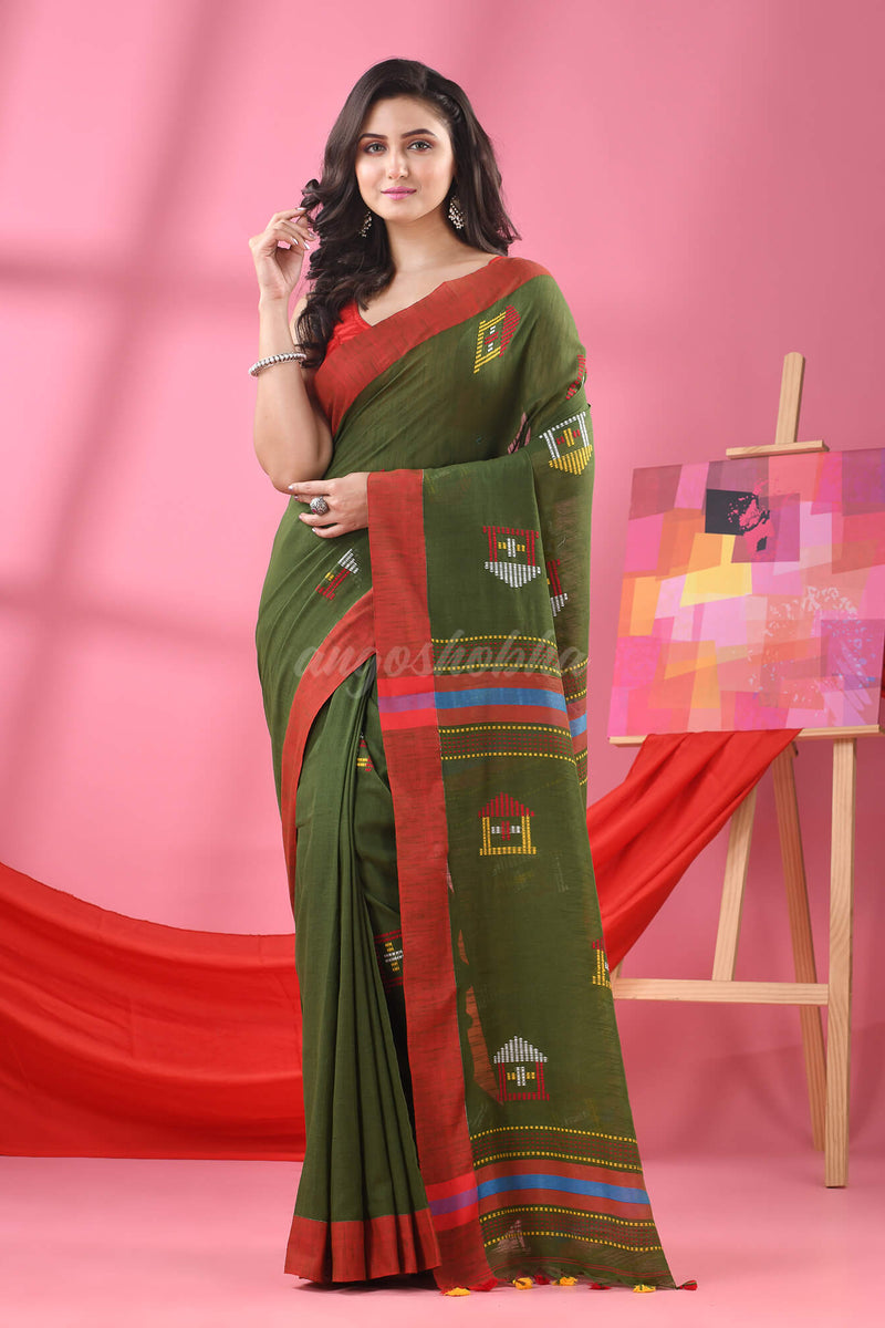 Moss Green Cotton All Body Hut Motive Handloom Saree