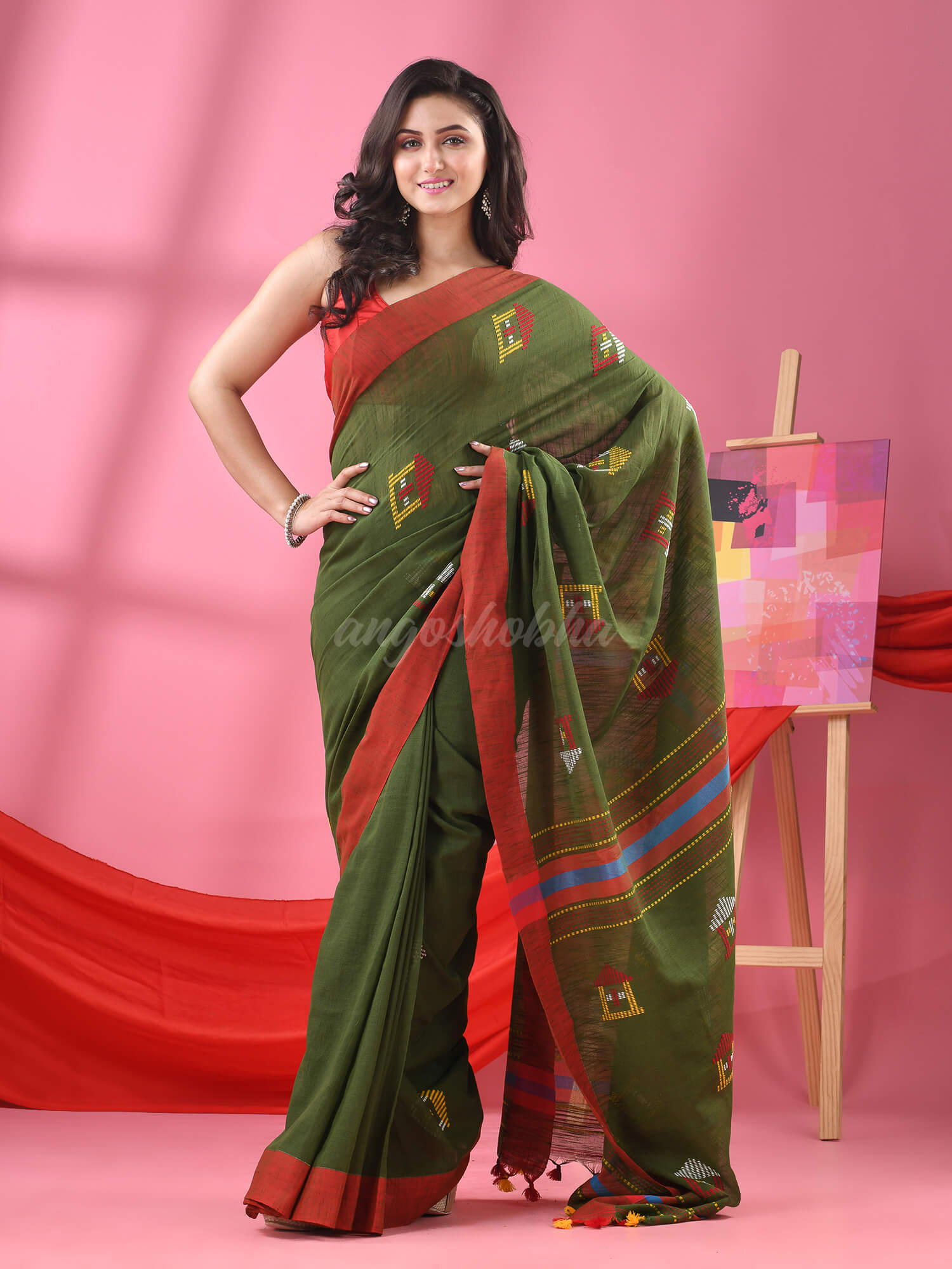 Moss Green Cotton All Body Hut Motive Handloom Saree