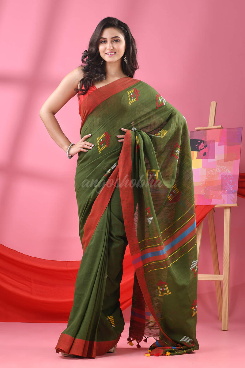 Moss Green Cotton All Body Hut Motive Handloom Saree
