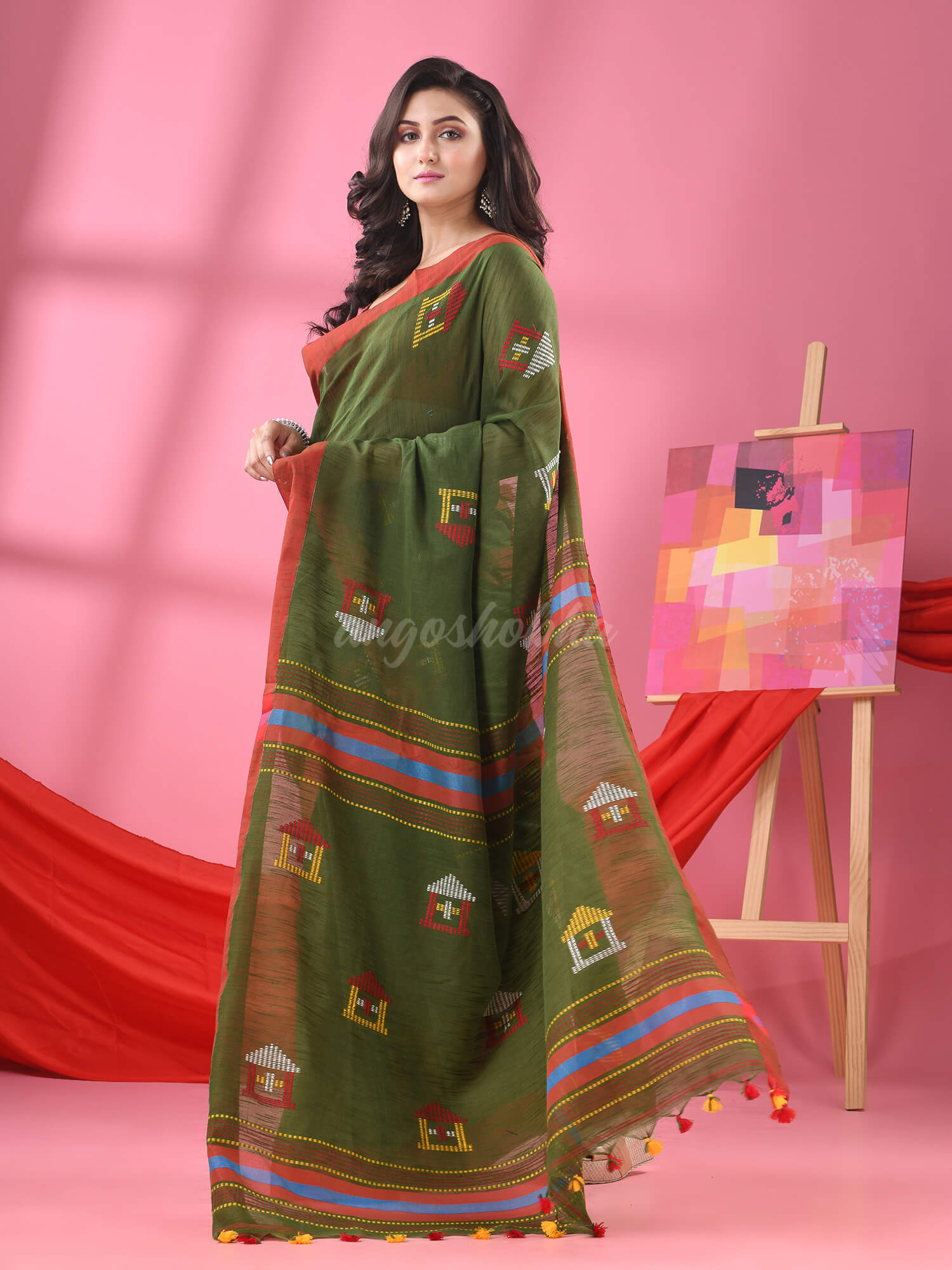 Moss Green Cotton All Body Hut Motive Handloom Saree