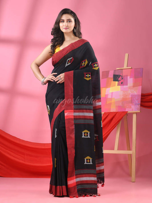 Black Cotton All Body Hut Motive Handloom Saree