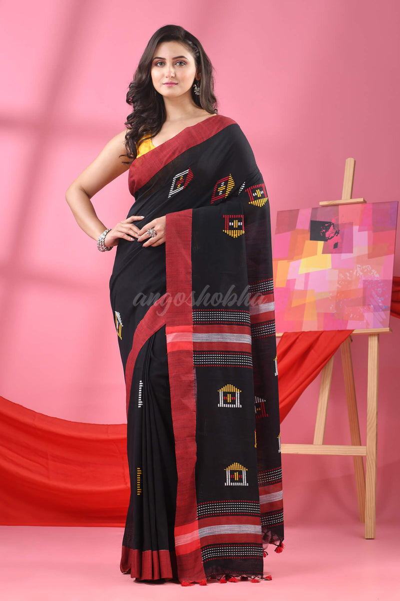 Black Cotton All Body Hut Motive Handloom Saree