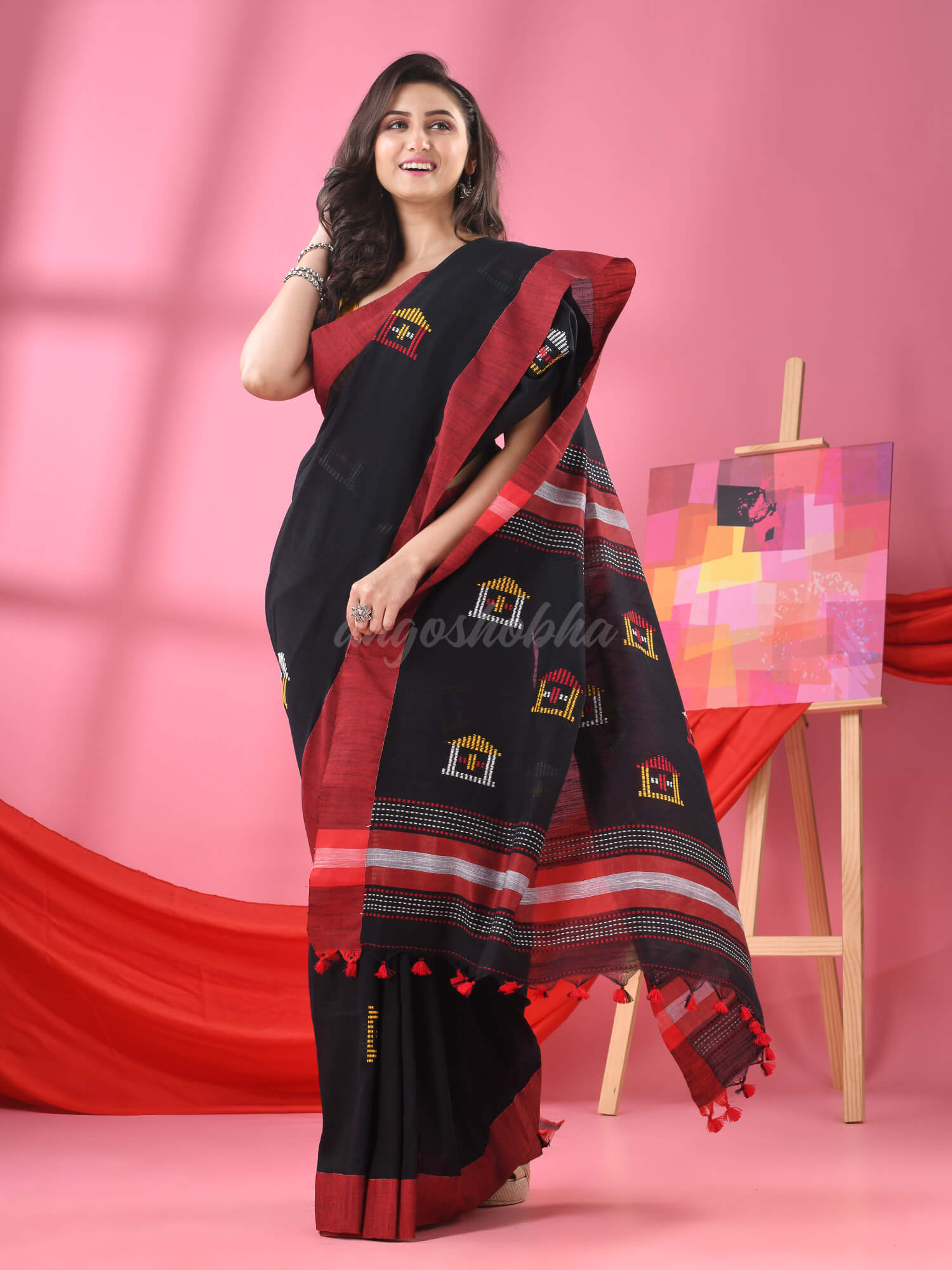 Black Cotton All Body Hut Motive Handloom Saree
