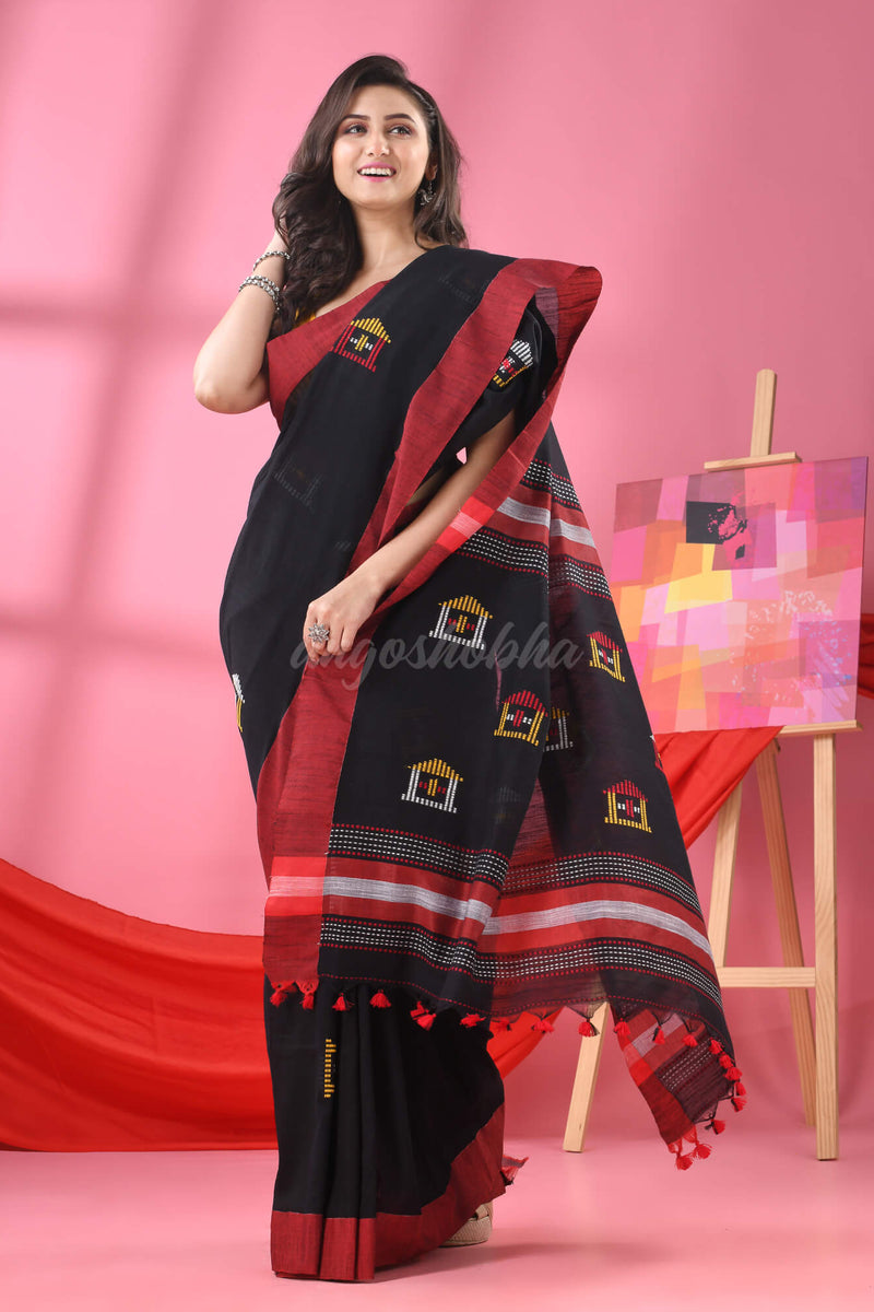 Black Cotton All Body Hut Motive Handloom Saree