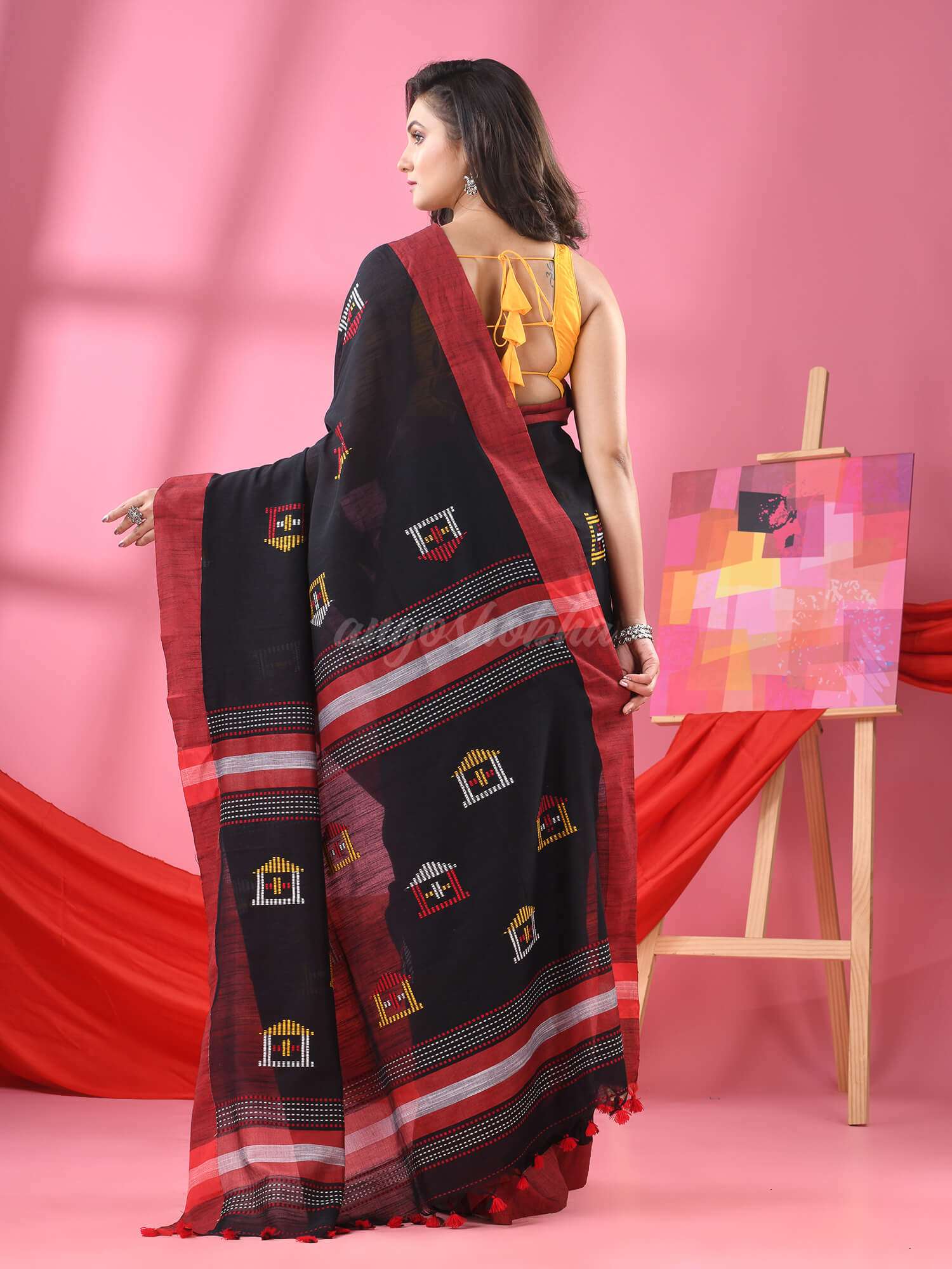 Black Cotton All Body Hut Motive Handloom Saree