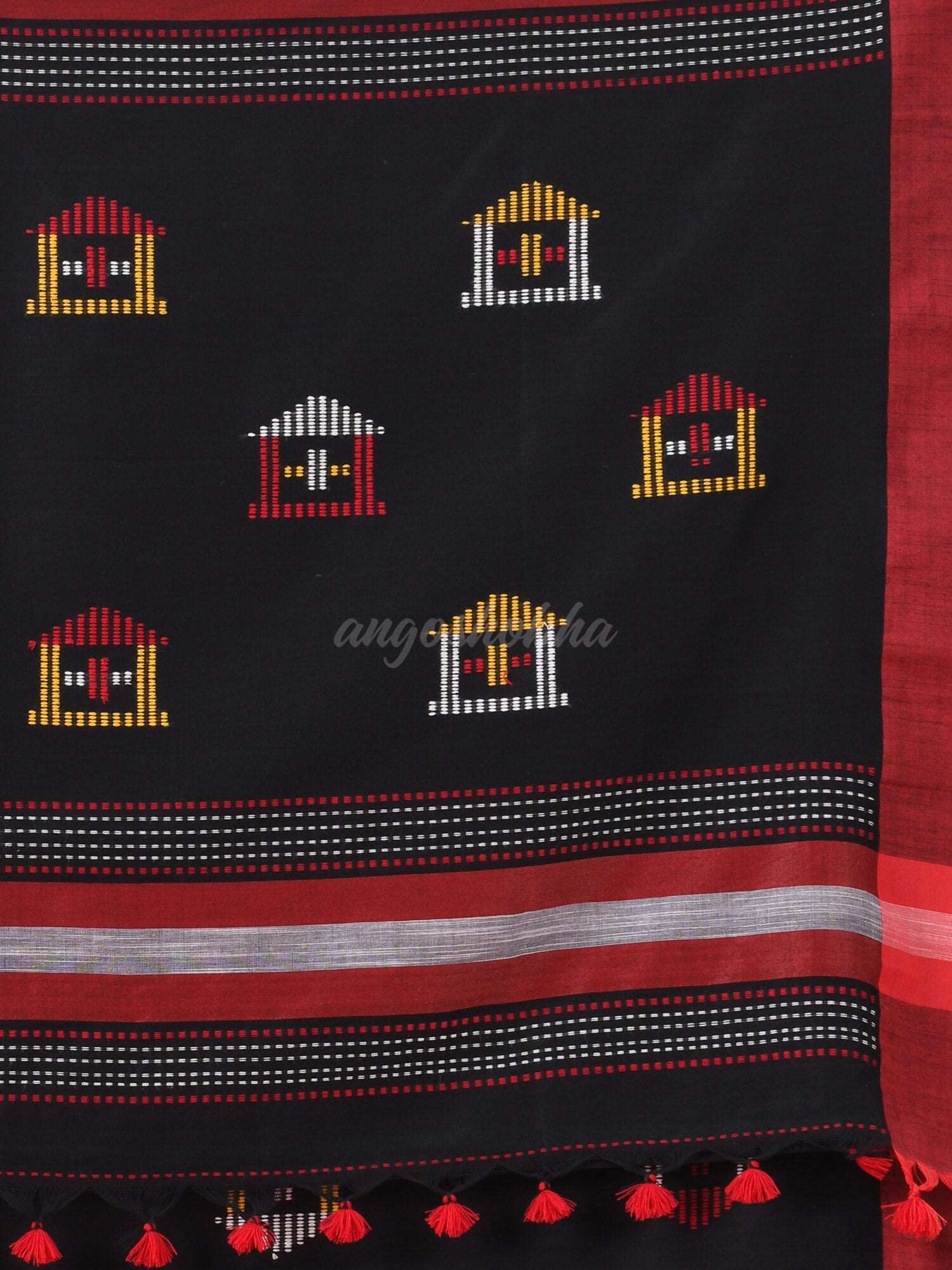 Black Cotton All Body Hut Motive Handloom Saree