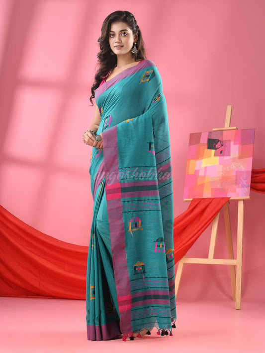 Aqua Cotton All Body Hut Motive Handloom Saree