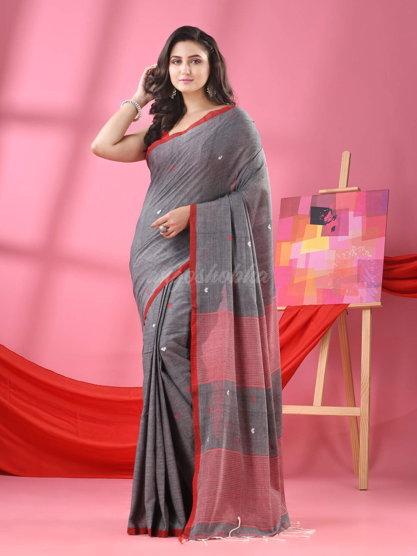 Grey Cotton All Body Love Buti Handloom Saree