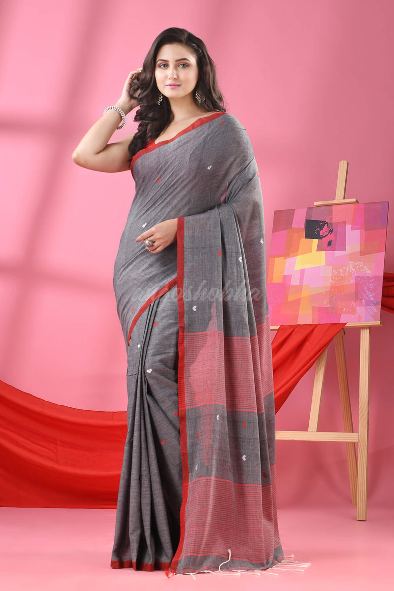 Grey Cotton All Body Love Buti Handloom Saree