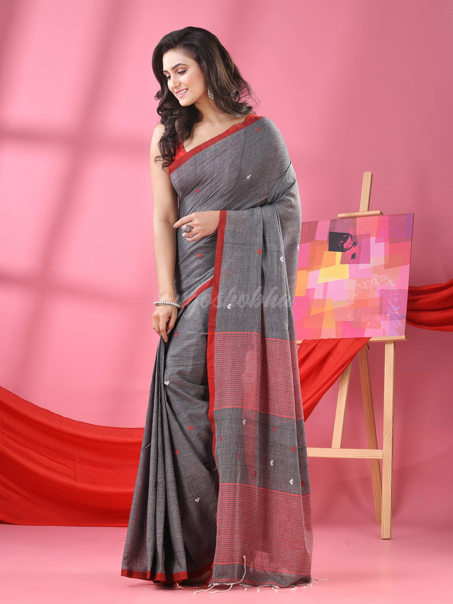 Grey Cotton All Body Love Buti Handloom Saree