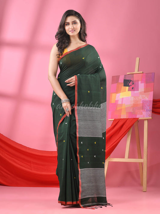 Bottle Green Cotton All Body Love Buti Handloom Saree