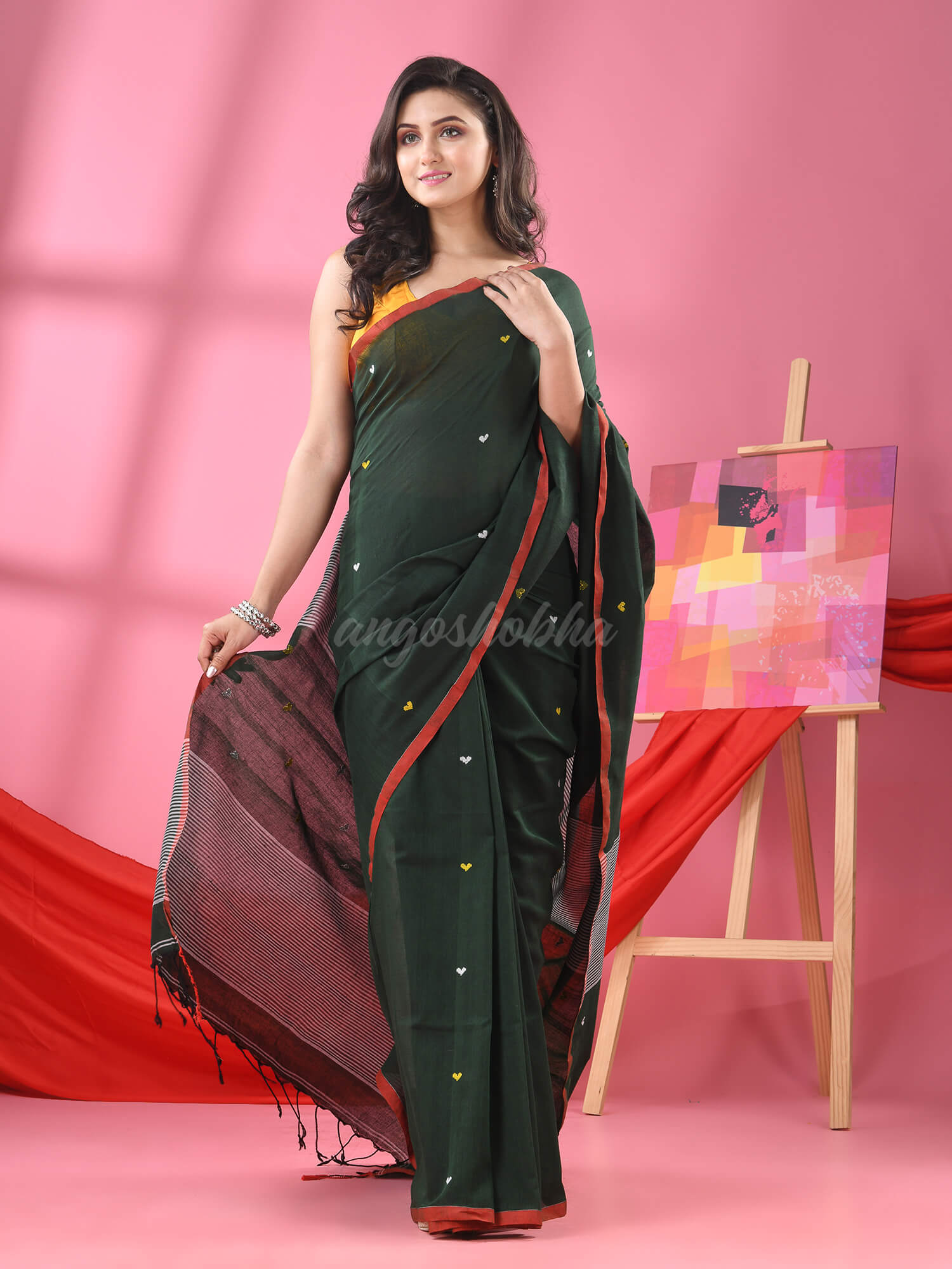 Bottle Green Cotton All Body Love Buti Handloom Saree
