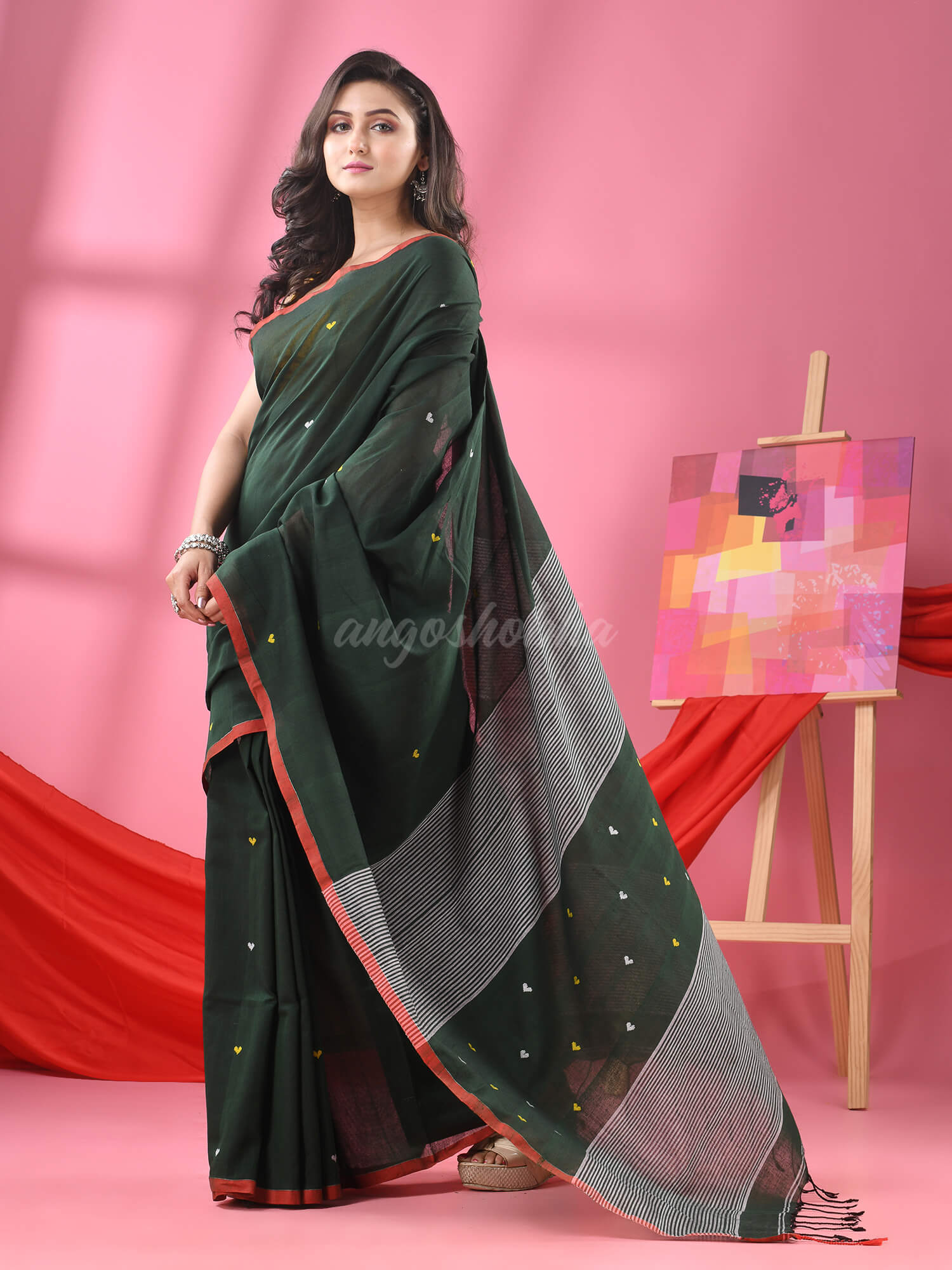 Bottle Green Cotton All Body Love Buti Handloom Saree