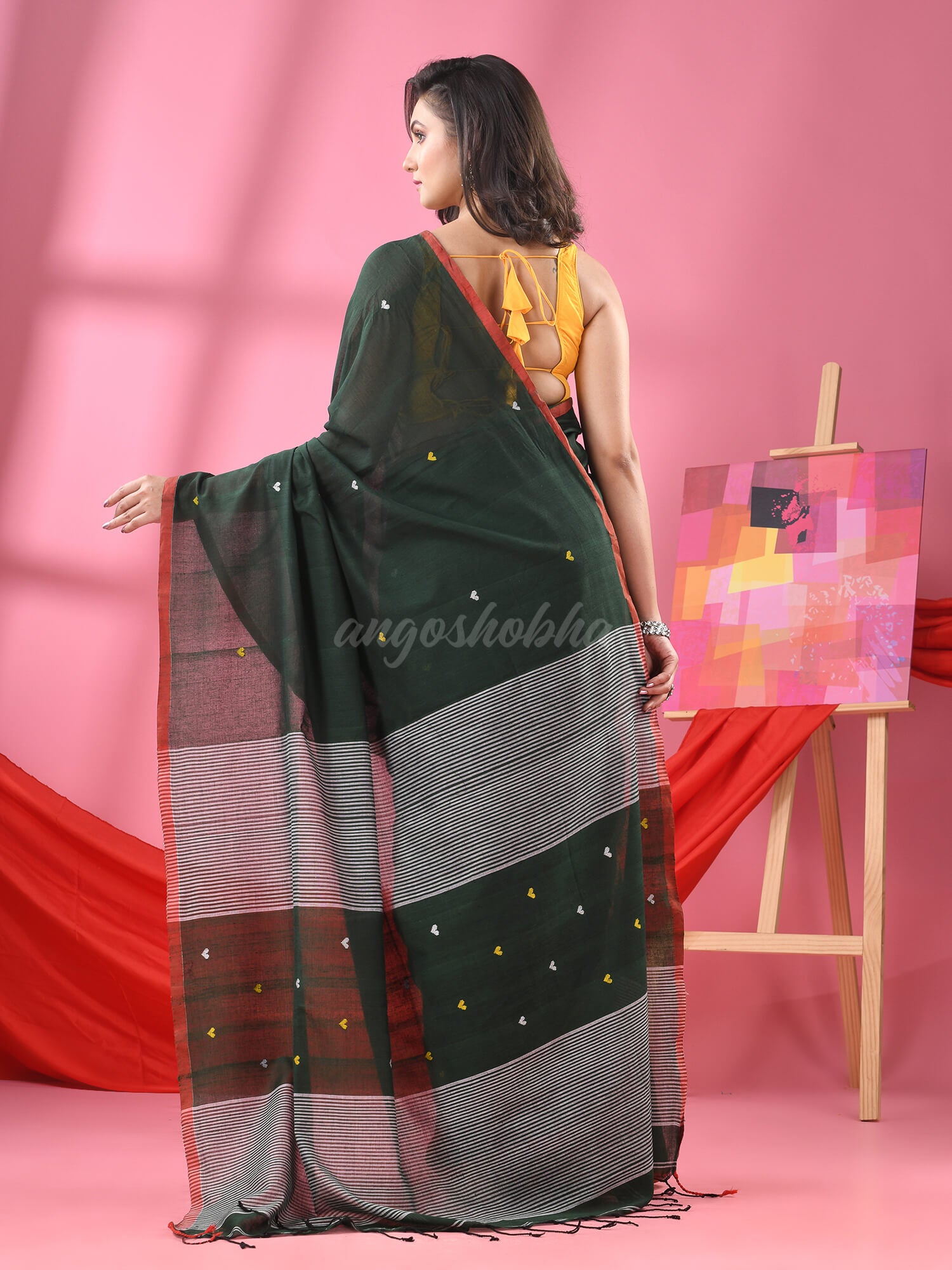 Bottle Green Cotton All Body Love Buti Handloom Saree
