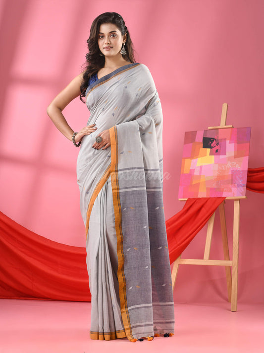 Ash Grey Cotton All Body Buti Handloom Saree