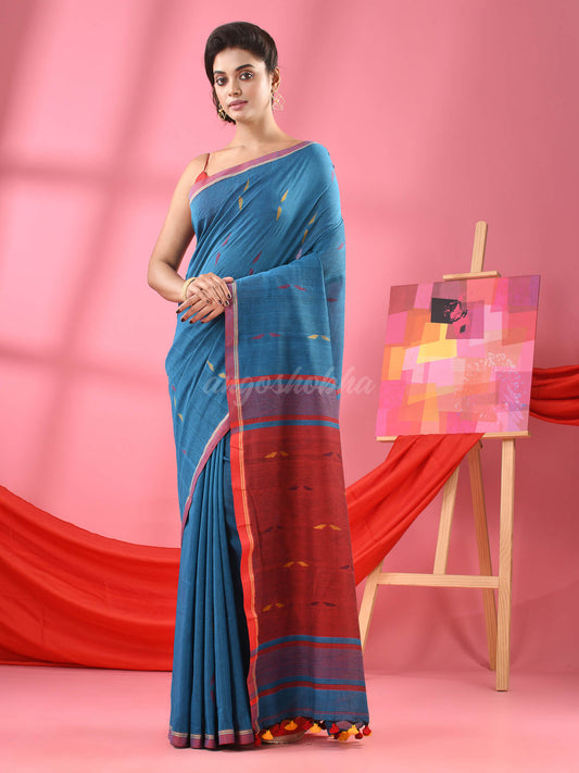 Turquoise Cotton All Body Buti Handloom Saree