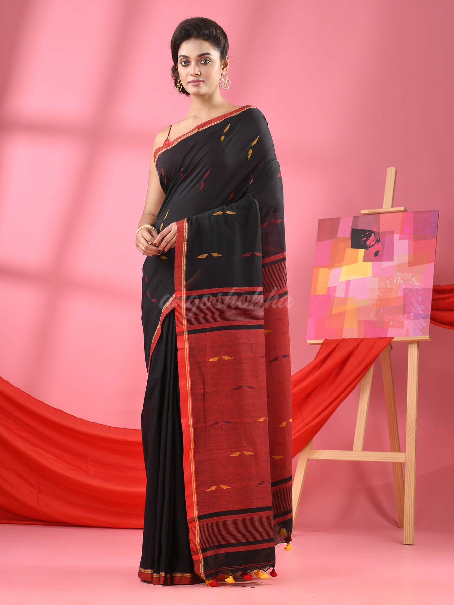 Black Cotton All Body Buti Handloom Saree