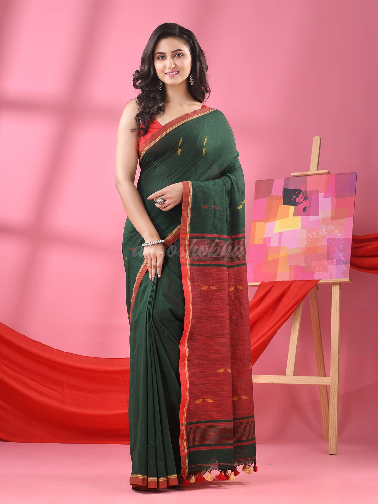 Bottle Green Cotton All Body Buti Handloom Saree