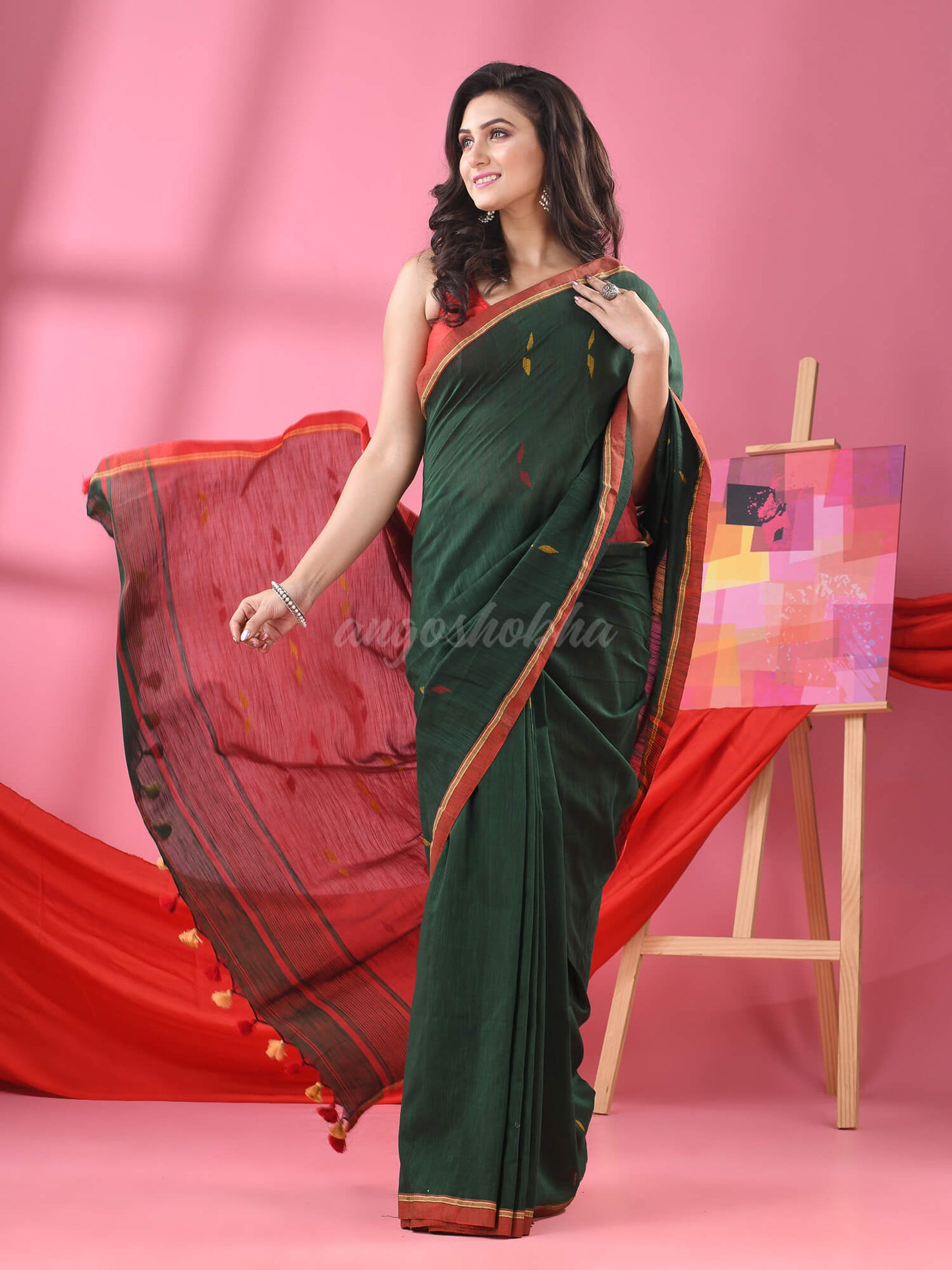 Bottle Green Cotton All Body Buti Handloom Saree