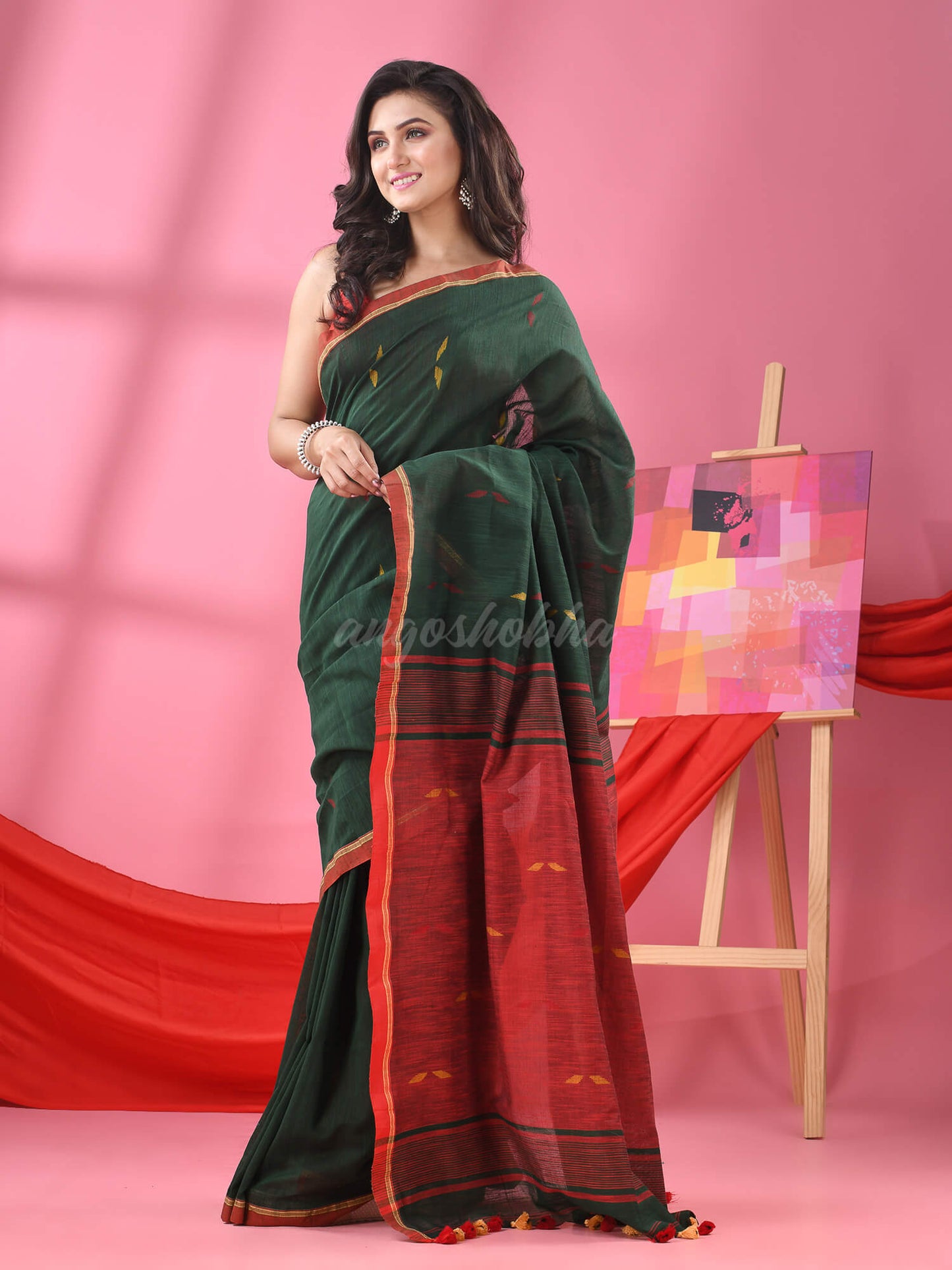 Bottle Green Cotton All Body Buti Handloom Saree