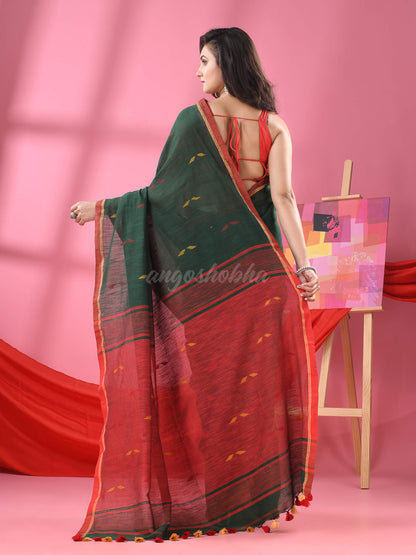 Bottle Green Cotton All Body Buti Handloom Saree