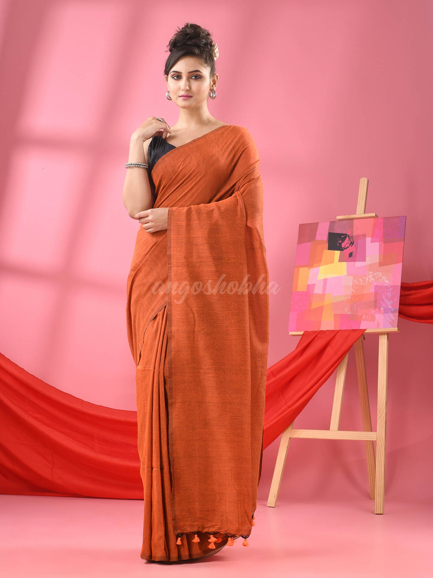 Orange Cotton Molmol Handloom Saree