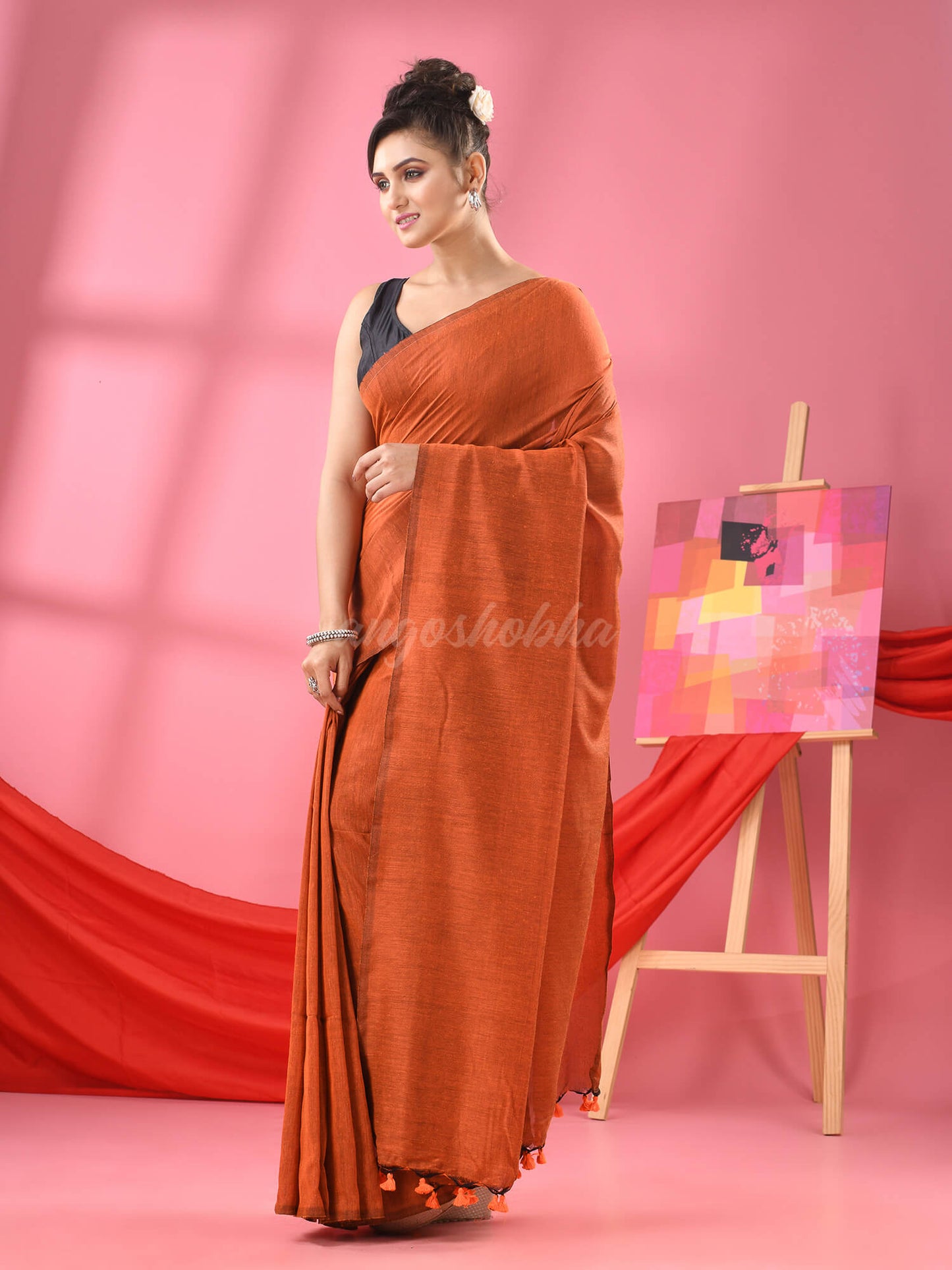 Orange Cotton Molmol Handloom Saree